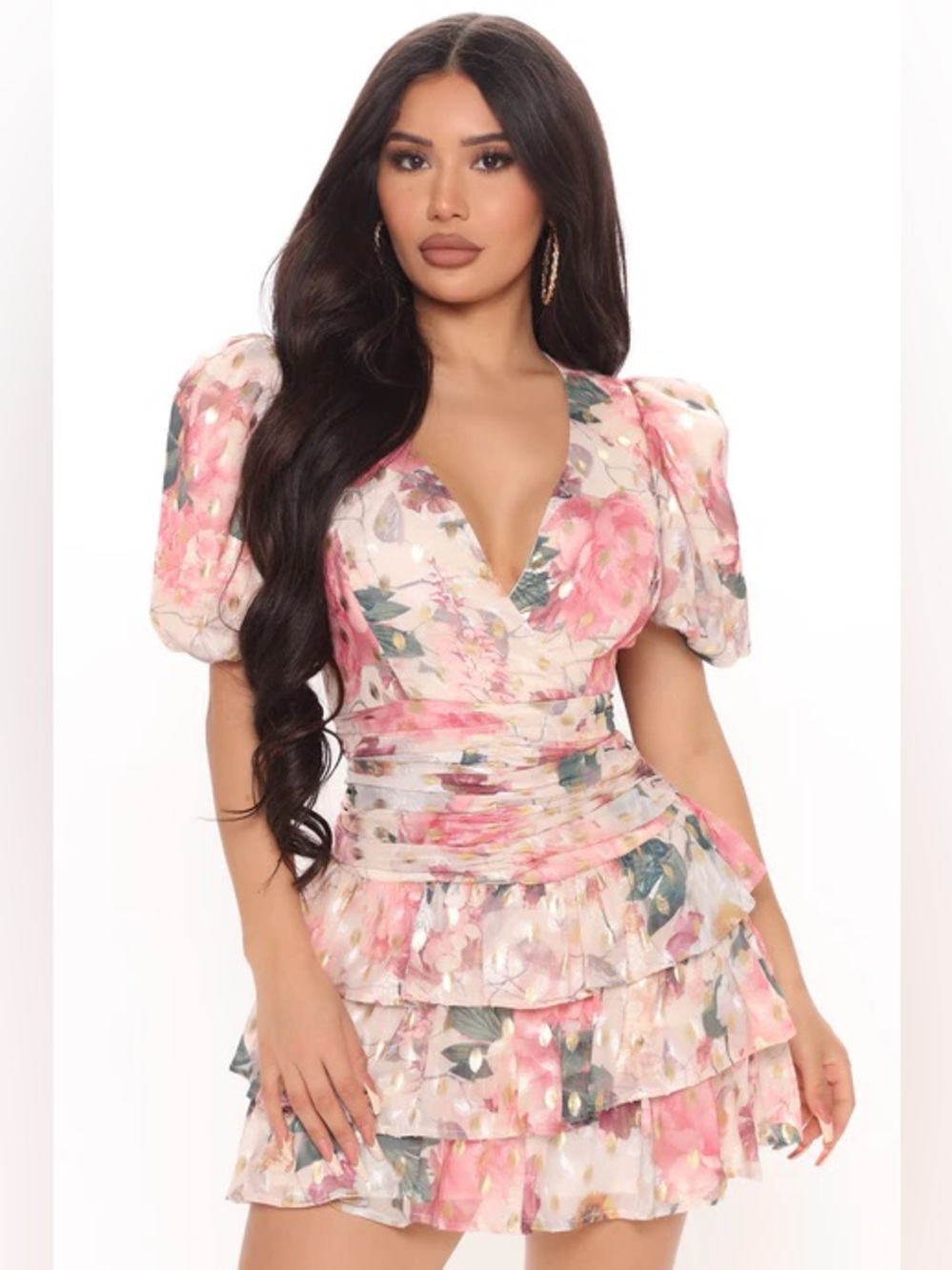 Fashion Nova Pink Floral V-Neck Puff Sleeve Mini Dress
